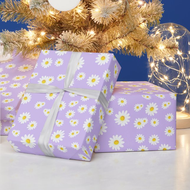 Purple Boho Spring Daisies Pattern Wrapping Paper (Holidays)