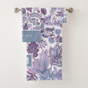 Purple Boho Vintage Floral Monogram Bath Towel Set