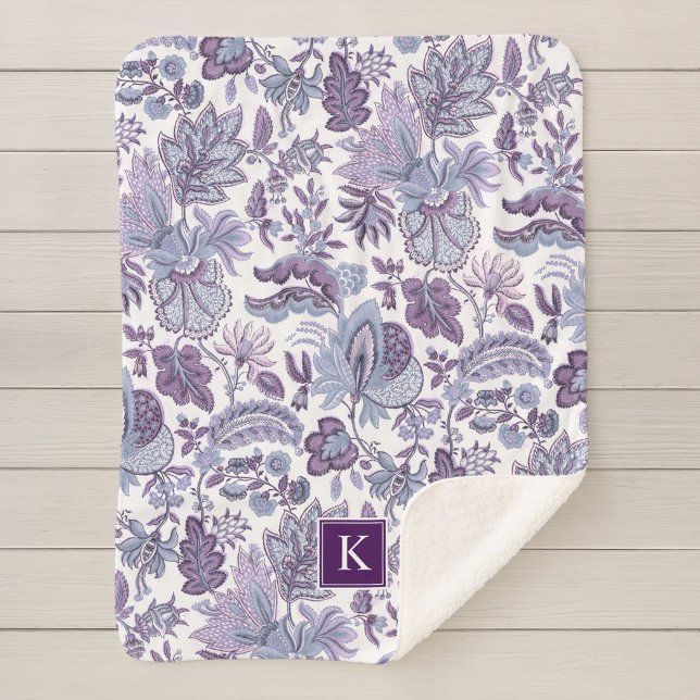 Purple Boho Vintage Floral Monogram Sherpa Blanket (Creator Uploaded)