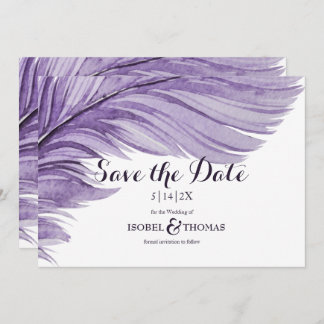 Purple Boho Watercolor Whimsical Feather Wedding Save The Date