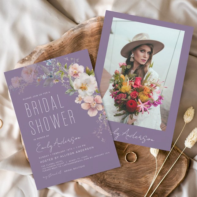 Purple Boho Wildflower Bridal Shower Photo Invitation (Creator Uploaded)