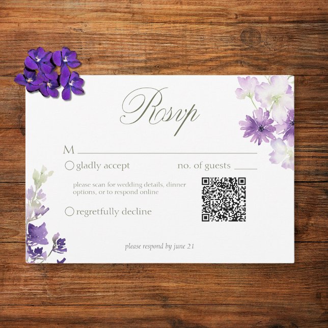 Purple Boho Wildflowers White Wedding QR RSVP Card (Creator Uploaded)