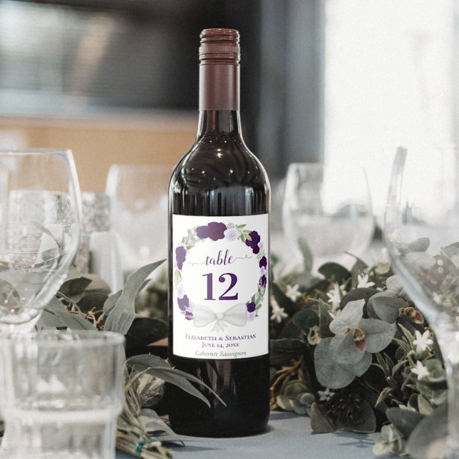 Purple Boho Wreath Wedding Table Number Wine Label (Creator Uploaded)