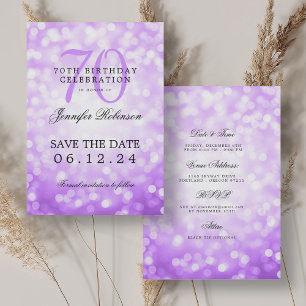 Purple Bokeh 70th Birthday Save Date Details Invitation