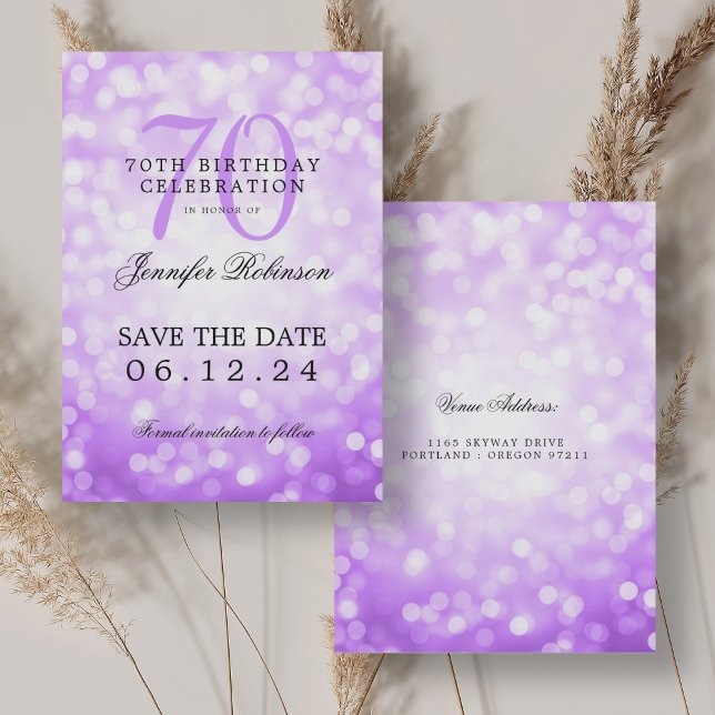 Purple Bokeh 70th Birthday Save the Date  Invitation (Purple Bokeh 70th Birthday Save the Date Invitation)