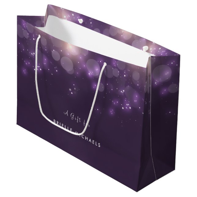Purple Bokeh Elegant Sparkle Glow With Name Large Gift Bag (Front Angled)