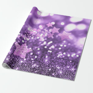 Purple Bokeh Faux Glitter & Stars Wrapping Paper