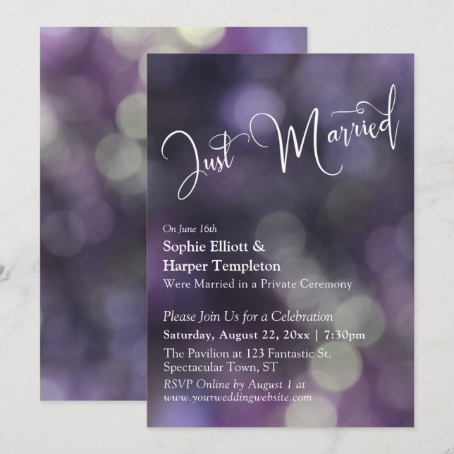 Purple Bokeh Light & "Just Married" Typography Invitation (Front/Back)