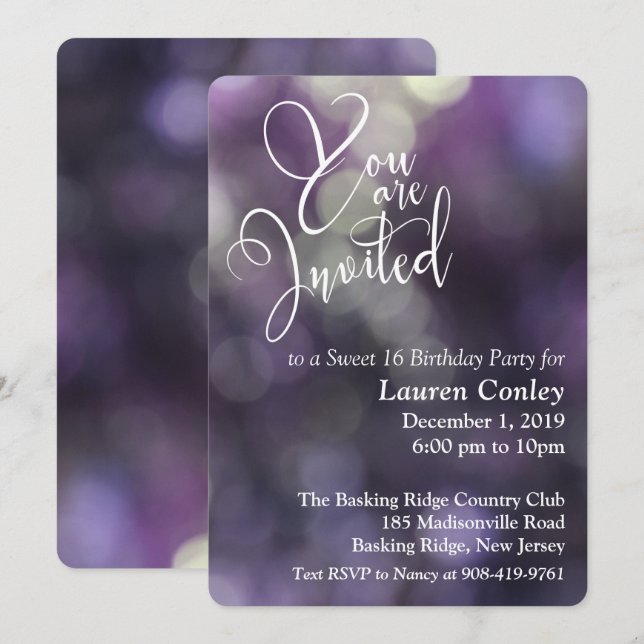Purple Bokeh Light Sweet Sixteen 1 Invitation (Front/Back)