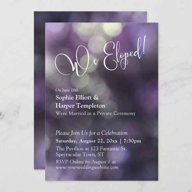 Purple Bokeh Light & "We Eloped" Typography Invitation (Front/Back)