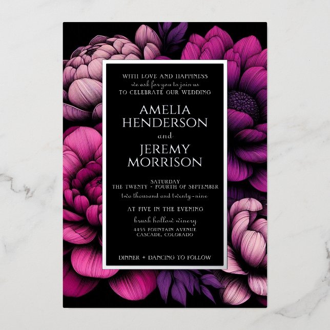 Purple Bold Floral with Details Foil Invitation (Front)