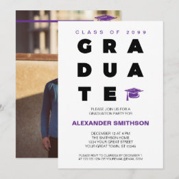 Purple Bold GRADUATE Letters and Cap Graduation Invitation