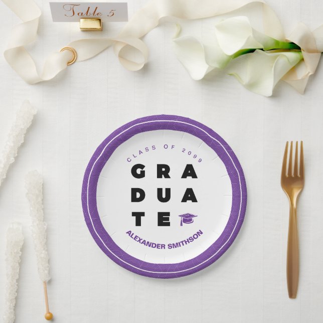 Purple Bold GRADUATE Letters and Cap Graduation Paper Plate (Wedding)