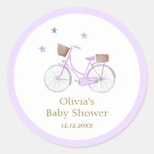 Purple Bonjour Bébé Stars Bicycle Baby shower Classic Round Sticker