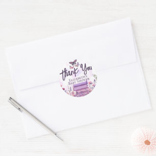 Purple Book Stack Wildflowers Butterflies Script Classic Round Sticker