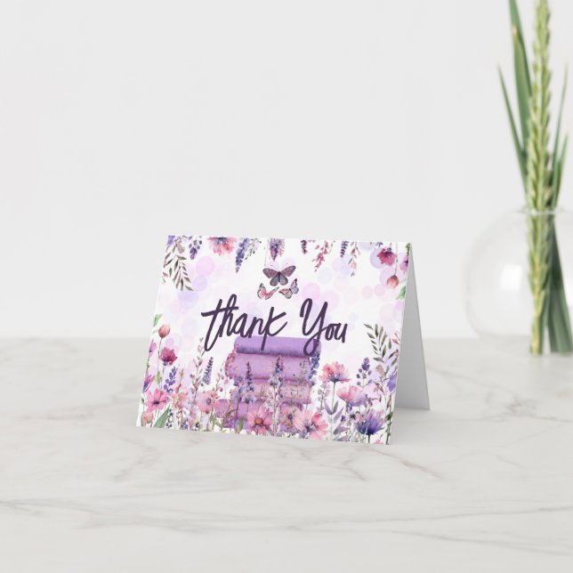 Purple Book Stack Wildflowers Butterflies Script Thank You Card (Front)