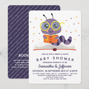 Purple Bookworm Book Baby Shower Invitation