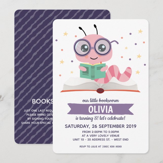 Purple Bookworm Book Birthday Party Invitation (Front/Back)