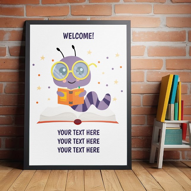 Purple Bookworm Theme Poster (Perfect poster for school book event, book week, and to celebrate birthday and baby showers.)