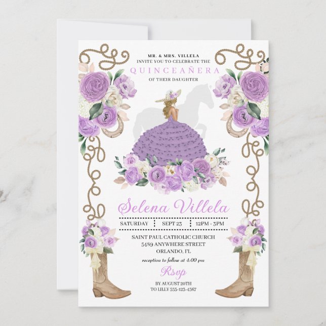 Purple Boots Roses Western Quinceañera Invitation (Front)