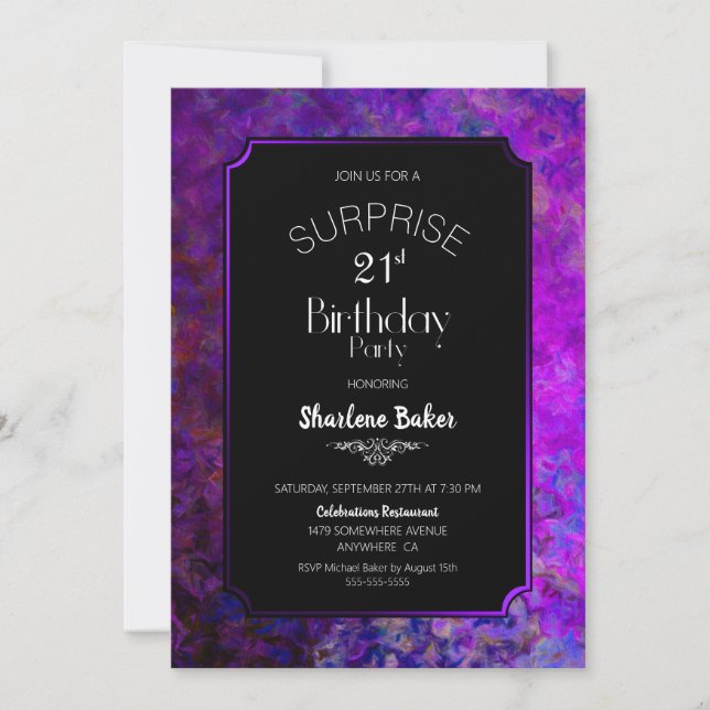 Purple Border Black Surprise 21st Birthday Party Invitation (Front)