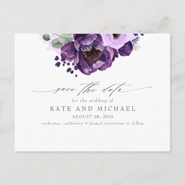 Purple Botanical Boho Save the Date Postcard (Front)