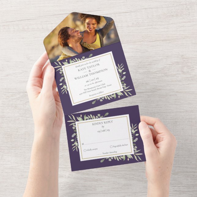 Purple Botanical Greenery Leaves Photo Wedding All In One Invitation (Tearaway)