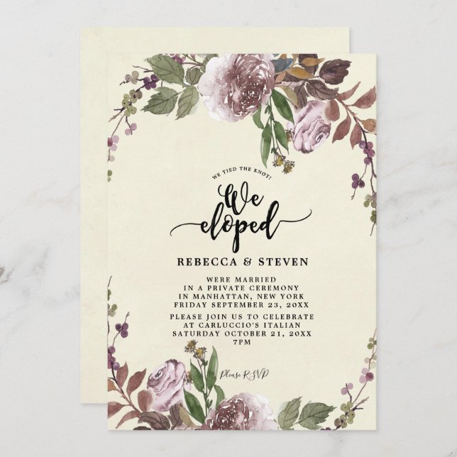purple botanical modern we eloped invitation (Front/Back)