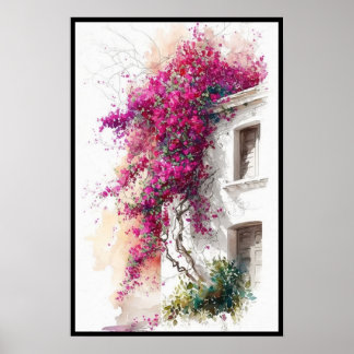 Purple Bougainvillea on Eaves Watercolor Poster