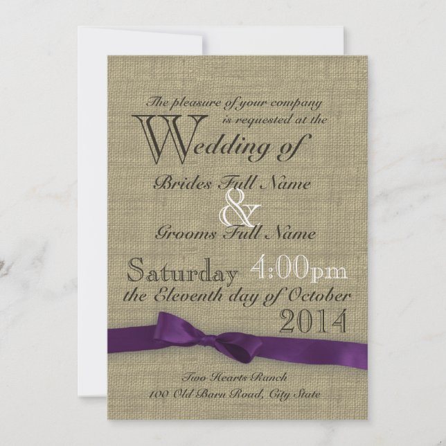 Purple Bow and Rustic Burlap Wedding Invitation (Front)