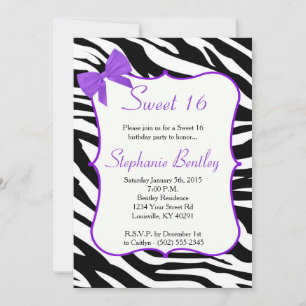 Purple Bow and Zebra Sweet 16 Birthday Invitation