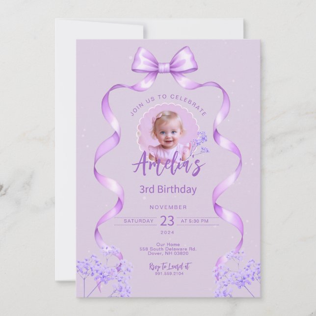 Purple Bow Birthday Any Age Invitation with Photo  (Front)
