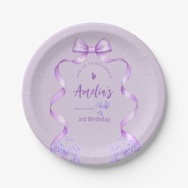 Purple Bow Birthday Any Age Paper Plate (Front)
