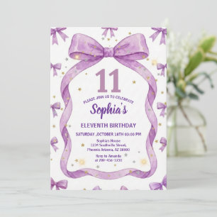 Purple Bow Birthday Invite, Girls 11th Birthday  Invitation