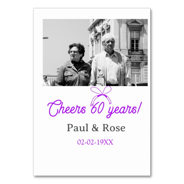 Purple bow cheers to 60 years anniversary wedding  table number (Front)