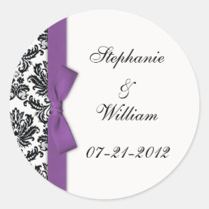 Purple Bow Classic Damask Wedding Label
