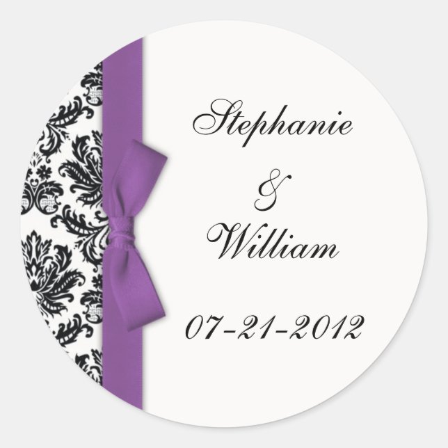 Purple Bow Classic Damask Wedding Label (Front)