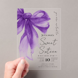 Purple Bow Coquette Script Sweet 16 Party Acrylic Invitations
