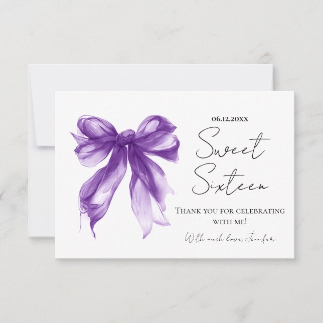 Purple Bow Coquette Script Sweet 16 Thank You  Card (Front)