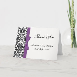 Purple Bow Damask Wedding Thank You Cards