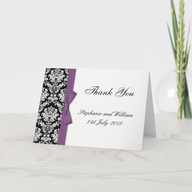 Purple Bow Damask Wedding Thank You Cards (Front)