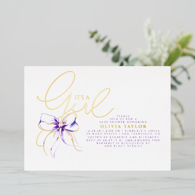 Purple Bow Elegant Modern Girl Baby Shower (Standing Front)