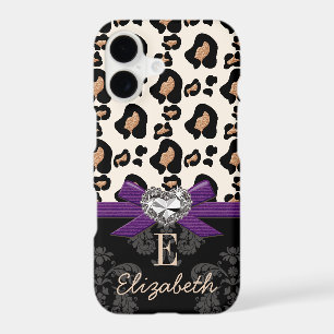 PURPLE BOW FAUX BLING HEART LEOPARD PRINT