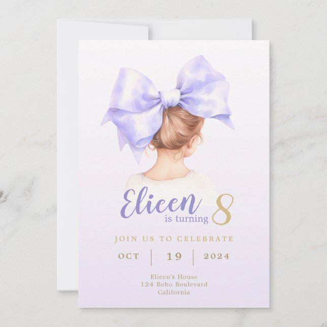 Purple Bow Girl Anniversaire Invitation (Devant)