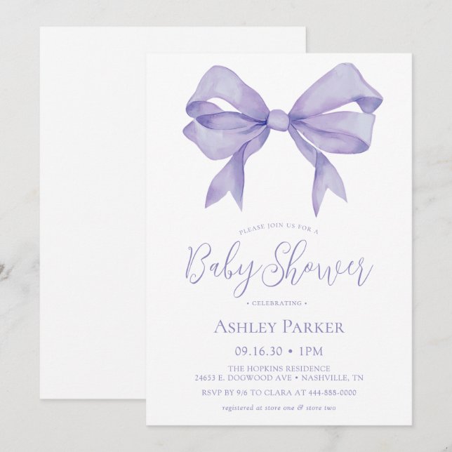 Purple Bow Girl Baby Shower Invitation (Front/Back)