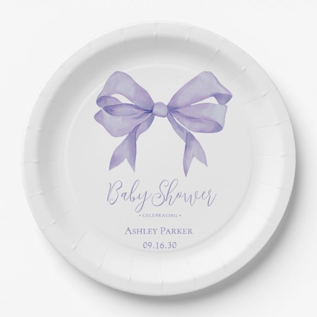 Purple Bow Girl Baby Shower Paper Plate (Front)