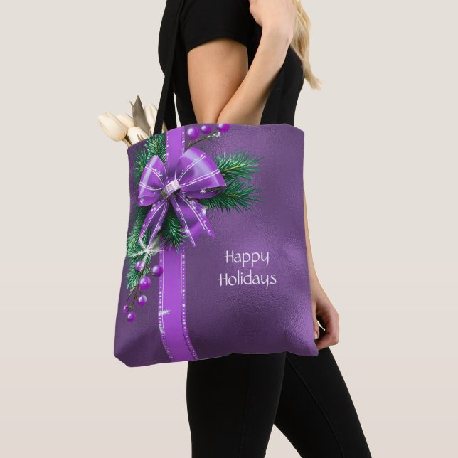 Purple Bow Holiday Tote Bag (Close Up)