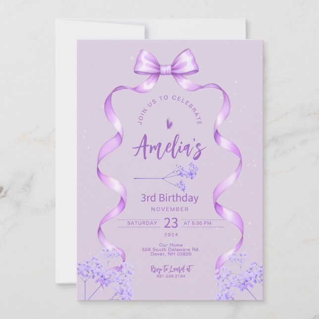 Purple Bow Invitation Anniversaire N'Importe Quel  (Devant)