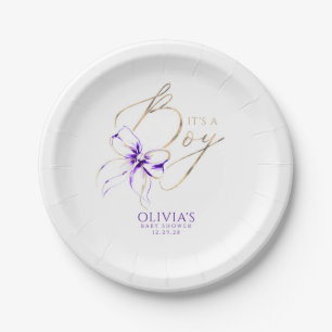 Purple Bow It's a Boy Baby Shower Paper Plate
