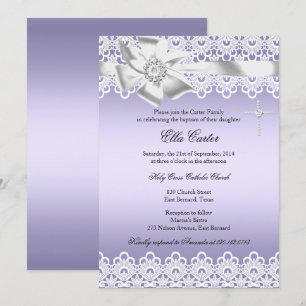 Purple Bow Lace Cross Girl Baptism Invitation